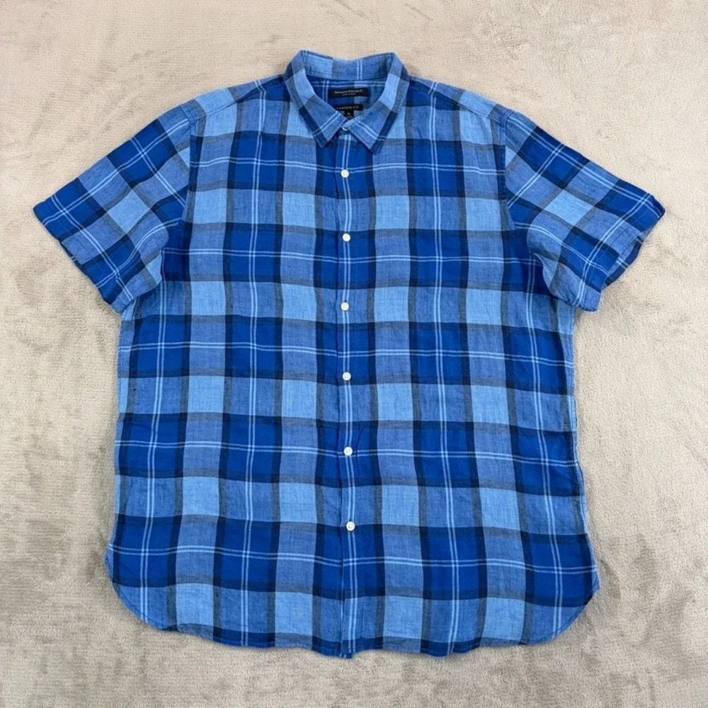 Banana Republic Camden Fit Shirt in Blue Plaid 100% Linen Men XL Short Sleeve